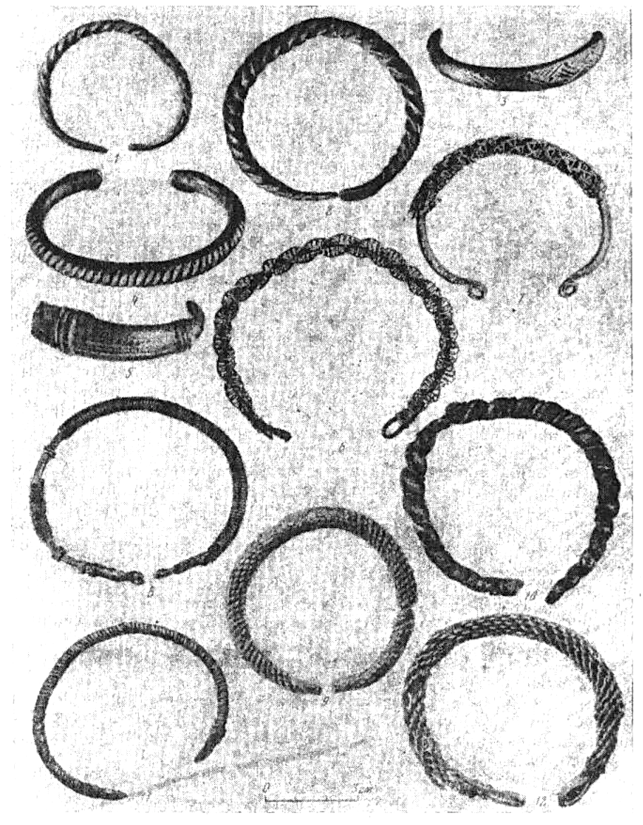 Illustration 35: Bracelets which are Twisted (1,2), Solid (3-5),  or Wound around a Rod (6-12)