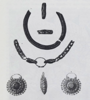 Illustration 5: Grivna (cast neck jewelry, gold or bronze) and earrings. 11th-12th century.