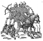 Illustration 14: Three Russian cavaliers (according to Herberstein) in full armor. They are dressed in tegiljaj, quilted cotton clothing with a tall standing collar.
