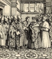 Illustration 15: The reception of the embassy of clerk Vladimir Semenovich Plemjannikov and his interpreter Istoma the Small by Emperor Maximilian I on 23 March 1518 in Innsbruck. From a contemporary engraving by Burgmeyer.