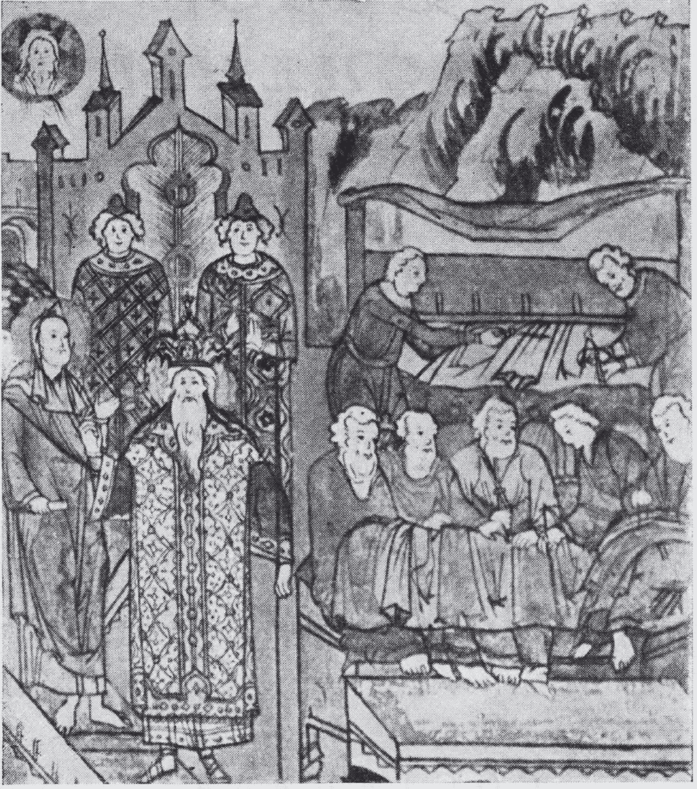 Illustration 1: The Manufacture of Clothing. Miniature from "The Chronograph," 16th century.
