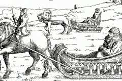 Illustration 18: Herberstein in a sleigh.  16th century engraving.