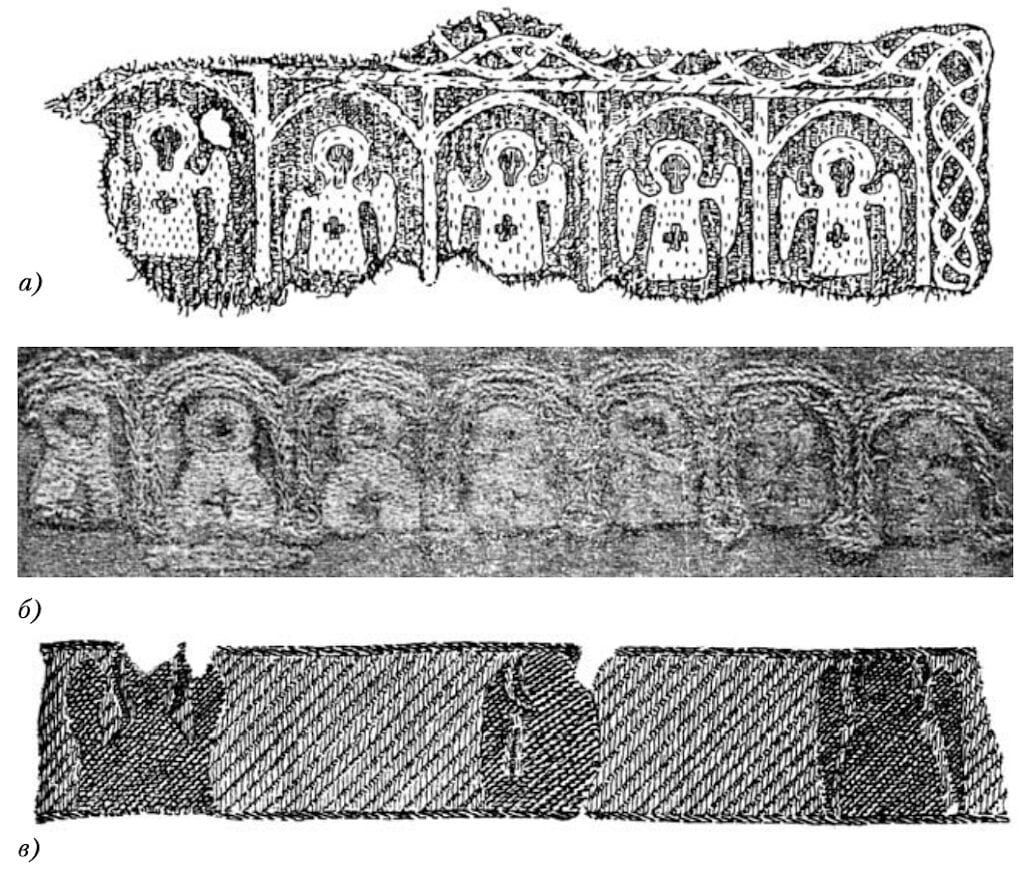 Examples of ecclesiastical embroidery:а - fragment of a collar from the Derevjanitskij burial ground near Novgorodб - fragment of a headband from a burial near the village of Ivorovo, Tversk regionв - gold fabric band from a mound near the village of Maklakovo, Rjazan' region, 12th-early 13th c.