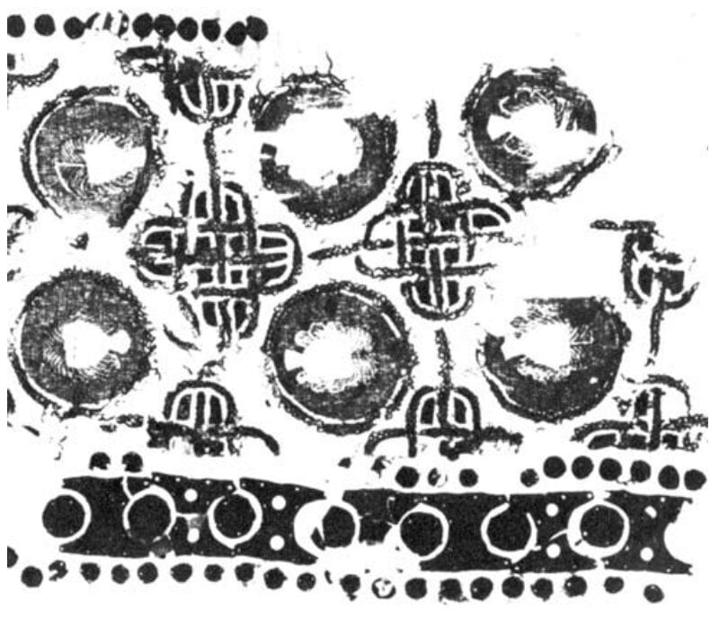 X-ray of the preserved section of embroidery from the first kaftan from the Chingul' burial mound, late 12th-early 13th c.