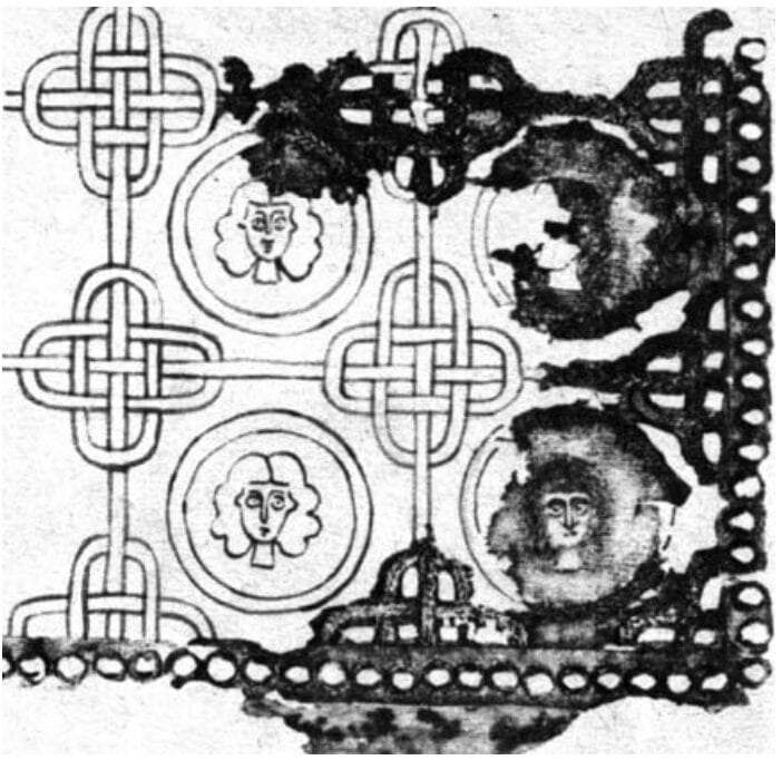 Fragment and drawing of embroidery from the sleeve from the first kaftan from the Chingul' burial mound, late 12th-early 13th c.
