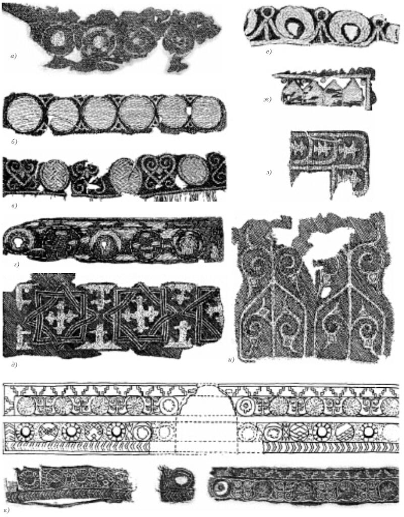 5. Examples of ornamental embroidery:
а - fragment of standing collar from a burial at village of Khreple, Novgorod region, 12th c;  
б - fragment of standing collar from a burial at village of Karash, Yaroslav region, 11-12th c.
в -  fragment, standing collar, burial mound, village of Maklakovo, Rjazan' region, late 12th-early 13th c.
г - fragment, standing collar, burial mound, village of Kubaevo, Vladimir region, 11-12th c.
д - fragment of a collar, village of Karash, 11-12th c.
е - fragment of embroidery found near the village of Osipovtsy, Vladimir region, 11-12th c.
 ж - fragment of a collar, village of Maklakovo, late 12th-early 13th c.
з - fragment of clasped collar from mass grave in Staraja Rjazan', first half of the 13th c.
и - clothing fragment from the Mikhajlovskij monastery crypt, late 12th-early 13th c.
к - headband from burial under the Cathedral of the Assumption in the Moscow Kremlin, drawing and two fragments, second half of the 12th c.