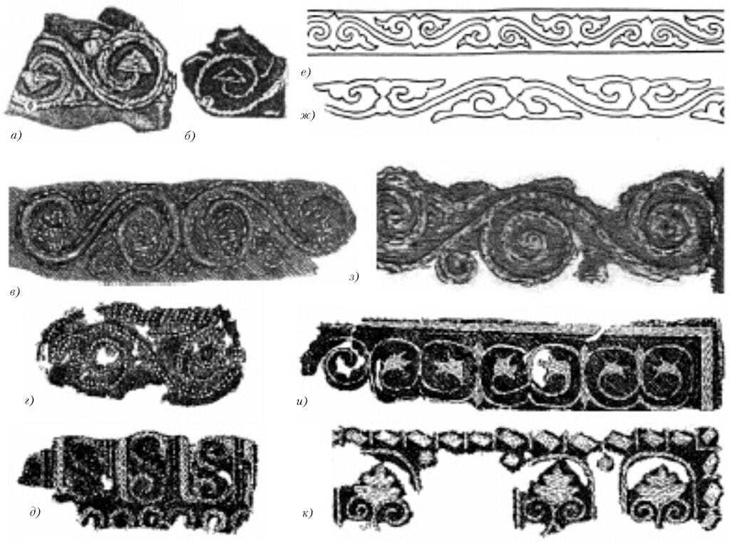 7. Examples of ornamental embroidery:а, б - fragments of embroidery from the crypt of the Church of the Tithes, Kievв - embroidery from the burial mound near the village of Kubaevo, Vladimir regionг - fragment of a collar from a burial mound near the village of Kir'janovo, Yaroslav region, 11th c.д - fragment of a headband from a child's grave near Boldina Gora, Chernigov region, 11th c.е - fragment of a headband from Starij Galich, 12th c.ж - headband from the crypt of the Mikhajlovskij Monastery, Kievз - fragment of embroidery from a tomb under the Cathedral of the Assumption, Moscow Kremlin, 13th c.и - fragment of a standing collar from the Nizhnij Novgorod region, 12th c.к - fragment of a standing collar from the village of Kulebovo, Vladimir region, 11th c.