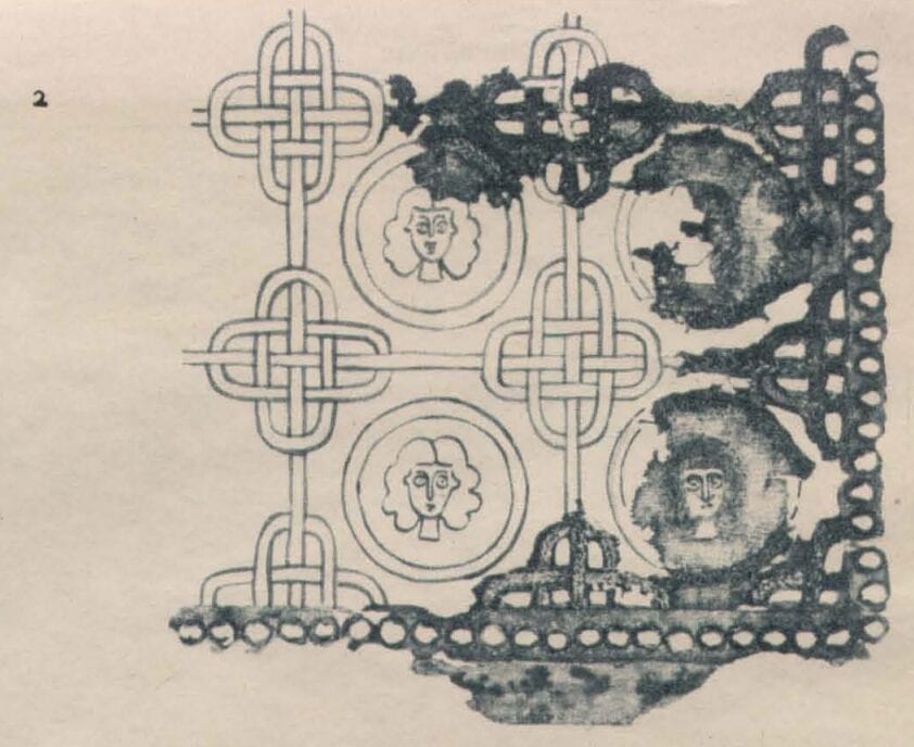 Fragment of embroidery and drawing of the sleeve of the first kaftan from the Chingul Kurgan.