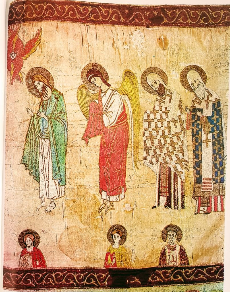 John the Baptist, the Archangel Gabriel, Metropolitans Maksimos and Theognostus, Nicetus the Goth, Demetrius of Thessaloniki, and Prince Vladimir. Detail of the Aër "Savior Not Made By Hands, with the Forthcoming, 1389, Moscow.