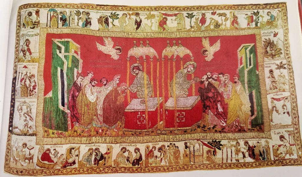 The Eucharist, with Scenes of the Lives of Joachim, Anna and the Mother of God. Aër, 118 x 203 cm, 1410-1413, Moscow.
From the Cathedral of the Birth of the Holy Virgin, Suzdal'.
State Historical Museum (2rb).