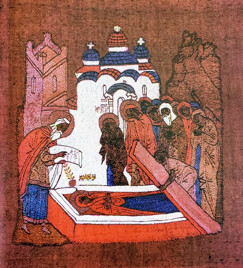 The Burial of St. Anne. Podea, 26 x 24 cm, last quarter of the 15th century, Moscow.
From the Trinity-Sergiev Lavra.
Zagorsk State Historic-Artistic Museum-Reserve (364).