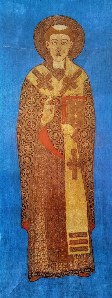 St. Nikita, Bishop of Novgorod, Veil, 196 x 75 cm, mid-16th century, Novgorod. 
From the Novgorod St. Sophia Cathedral.
Novgorod Historic-Architectural Museum-Reserve (3662)