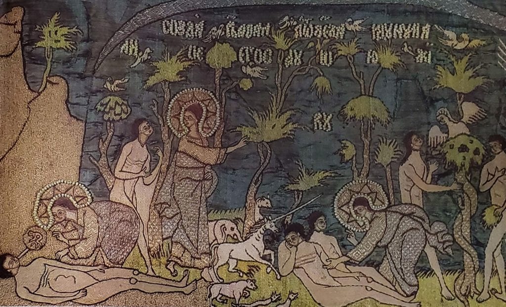 The Creation of Adam and Eve, and Their Temptation by Satan, detail of The Trinity, with Scenes from the Bible, Podea, 118 x 133.5 cm, 1593, Moscow.
From the Hypatian Monastery in Kostroma. 
State Museums of the Moscow Kremlin (19085op)