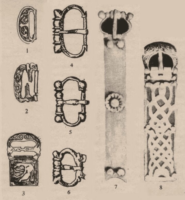 1-3. Limoges buckles with enameled, decorated mounts very similar to the buckles of the Khan's second and third belts. First half of the 13th century; 4-6. Western European buckles similar to the buckle on the first belt. Third quarter of the 13th century; 7. The Khan's oldest-dated buckle. Dated 1230-1280; 8. Belt mount from the second quarter of the 13th century, which helped clarify the date of the mound.