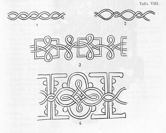 Drawings of designs of goldwork embroidery found on remnants from medieval Russian archeological digs.