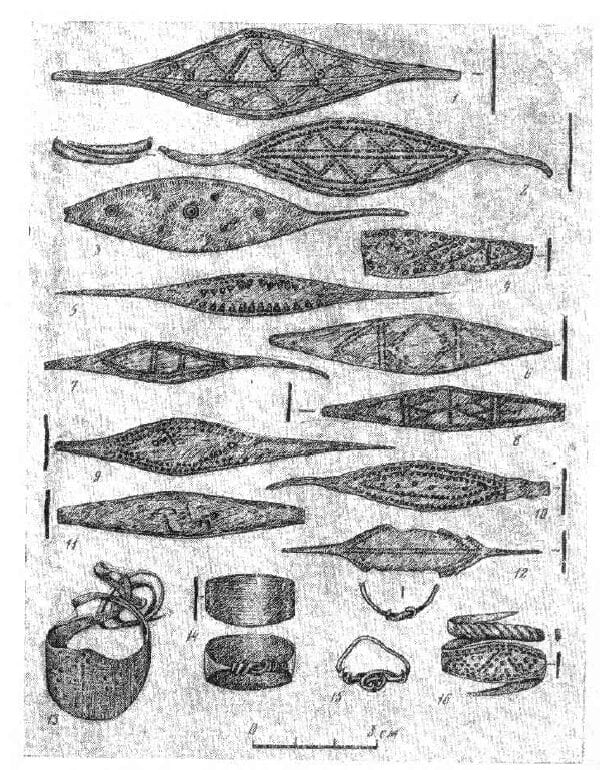 A photo of an assortment of rings from medieval Novgorod. Sedova, M.V. "Perstni." Juvelirnye izdelija drevnego Novgoroda (X-XV vv.). Moscow: Publishing House "Science," 1981, p. 124, illus. 46.