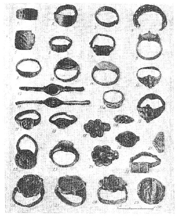 A photo of an assortment of rings from medieval Novgorod. Sedova, M.V. "Perstni." Juvelirnye izdelija drevnego Novgoroda (X-XV vv.). Moscow: Publishing House "Science," 1981, p. 128, illus. 49.
