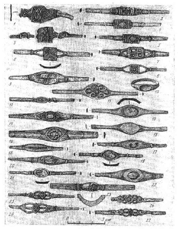A photo of an assortment of rings from medieval Novgorod. Sedova, M.V. "Perstni." Juvelirnye izdelija drevnego Novgoroda (X-XV vv.). Moscow: Publishing House "Science," 1981, p. 134, illus. 51.