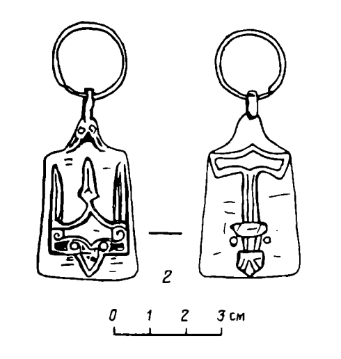 Drawing of a 10th-11th century pendant with Rjurikovichi symbols discovered near Perm'. 