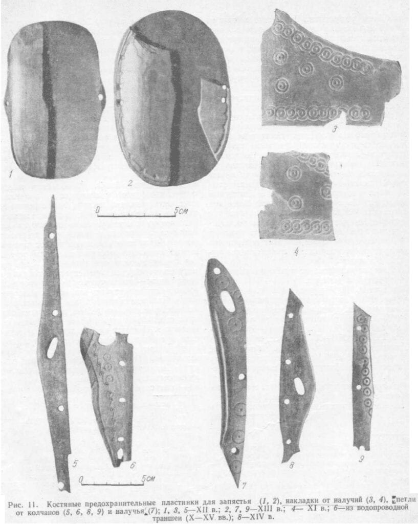 Photographs of bone hinges and decorative plates from Novgorod