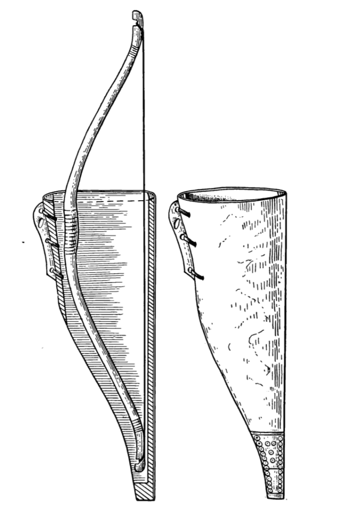 Drawing of a Medieval Russian bow case with a wooden body, and the placement on it of decorative bone plates and the suspension hinge (reconstruction).