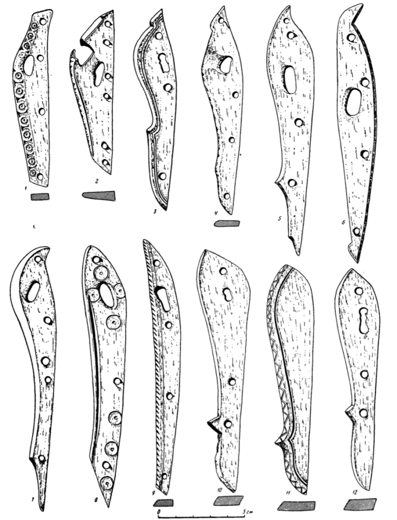 Drawings of Bone hinges for suspending bow cases, and unfinished hinges.