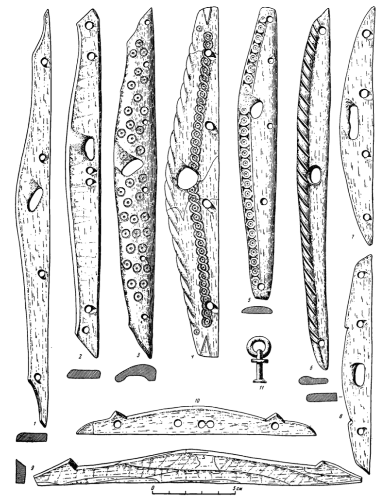 Drawings of Bone hinges for suspending quivers, unfinished hinges, and a ringed rivet from a quiver.