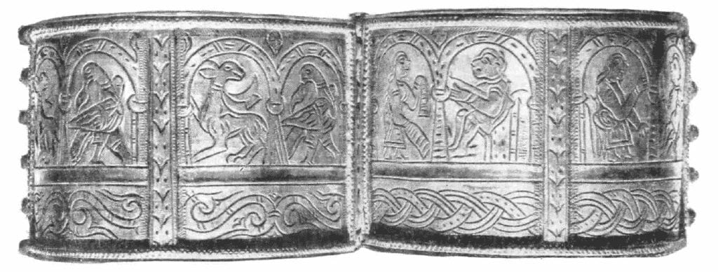 Photo of one of two paired bracelets, 12th century. Location of discovery unknown, stored in the State Historical Museum.