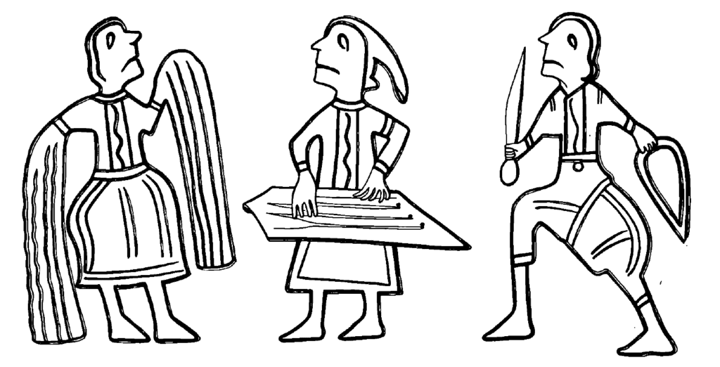 A drawing of three human figures from a 12th century bracelet from Kiev.