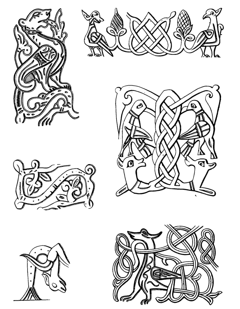 Drawings of Simargls with roots and shoots.
