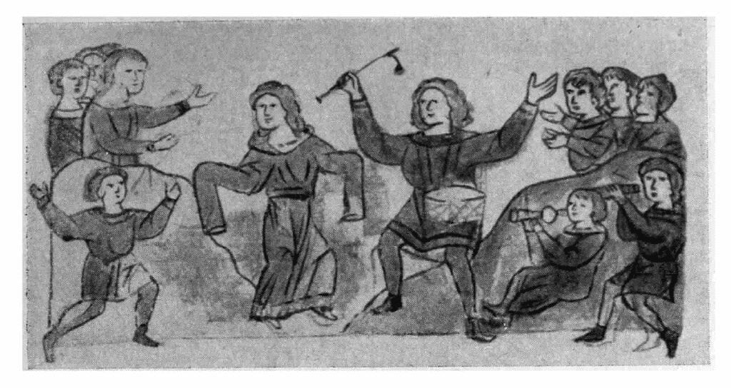 A picture of a miniature from the Radziwiłł Chronicle, entitled "Merrymaking"