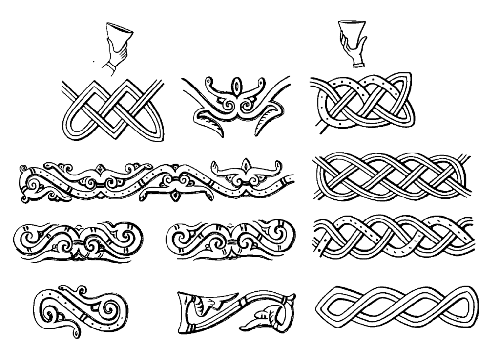 Drawings of imagery from the lower row of 12th century Rus' cuff bracelets, in the form of vegetation and knotwork representing plants and water.