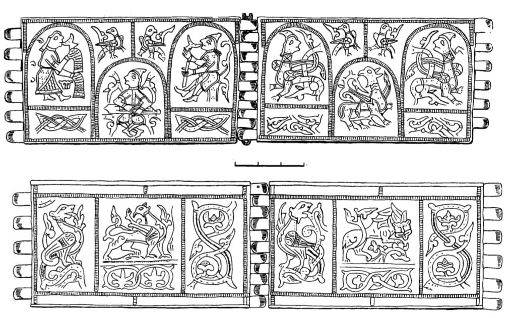 Drawing of two silver cuffs from a trove found in Staraja Rjazan. From Даркевич, В.П., Монгайт, А.Л. "Старорязанский клад 1966 года." Советская археология. 1967 (2), с. 213, рис. 2.