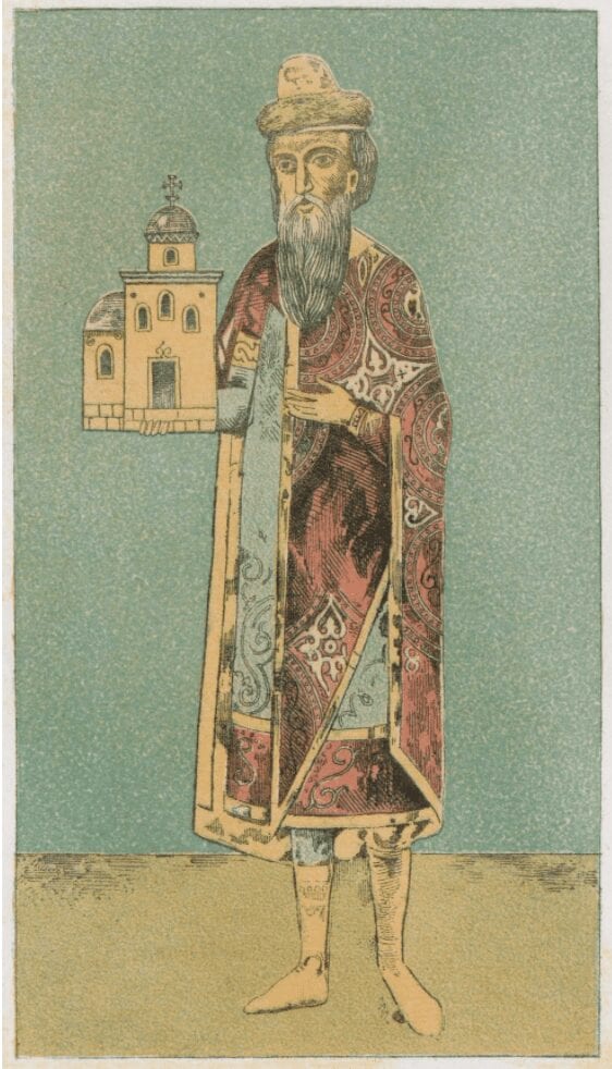 Colored reproduction of the 12th-century fresco of Jaroslav Vladimirovich and his yellow boots from the Church on the Nereditsa.