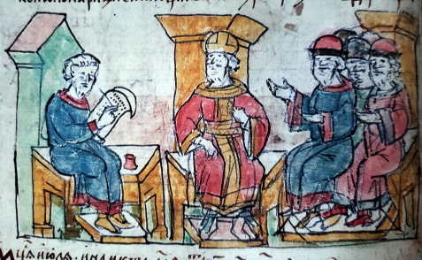 Radziwiłł Chronicle, folio 39 obv., 15th century copy of 13th century original. Byzantine emperor John I Tzimiskes receives ambassadors sent by Svyatoslav Igorevich. A scribe is shown on the left, with a scroll, pen and inkwell.