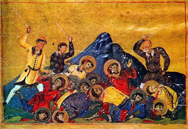 Depiction of Bulgarians in kaftans, slaughtering Byzantine Christians.