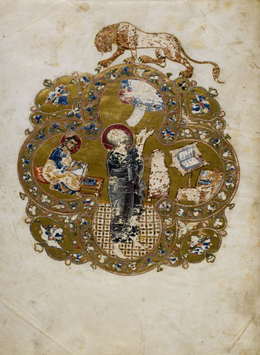 Ostromir Gospel, 1056-1057, illumination depicting the Evangelist St. John. Image in public domain.