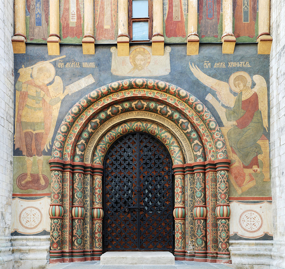 Wall paintings decorating the northern portal to the Cathedral of the Assumption, in Moscow's Kremlin. Photo shared under the Creative Commons Attribution-Share Alike 3.0 Unported license. Original can be found on Wikimedia.