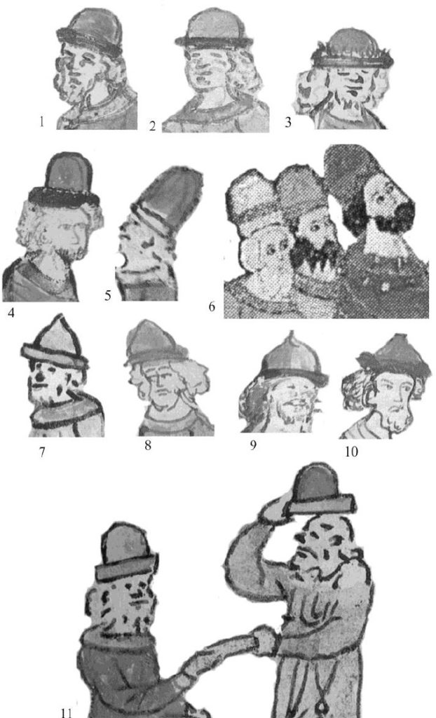 Illustration 3: Men's mitre-shaped, semi-spherical hats, 15th cent.