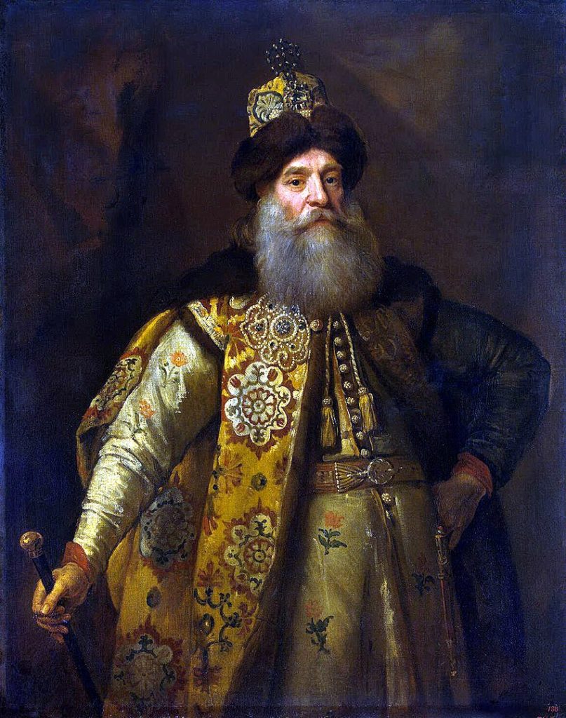 Color image of the portrait of P.I. Potemkin, showing the exquisite fabric and decorations on his outfit and hat. Photo in Public Domain.